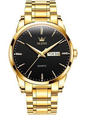 Olevs Men's Gold Luxury Stainless Steel Black Face Analog Quartz Luminous Watch